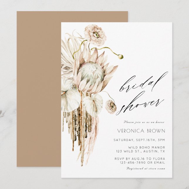 Invitation Boho sauvage Pampas Grass Fête des mariées florale (Devant / Derrière)