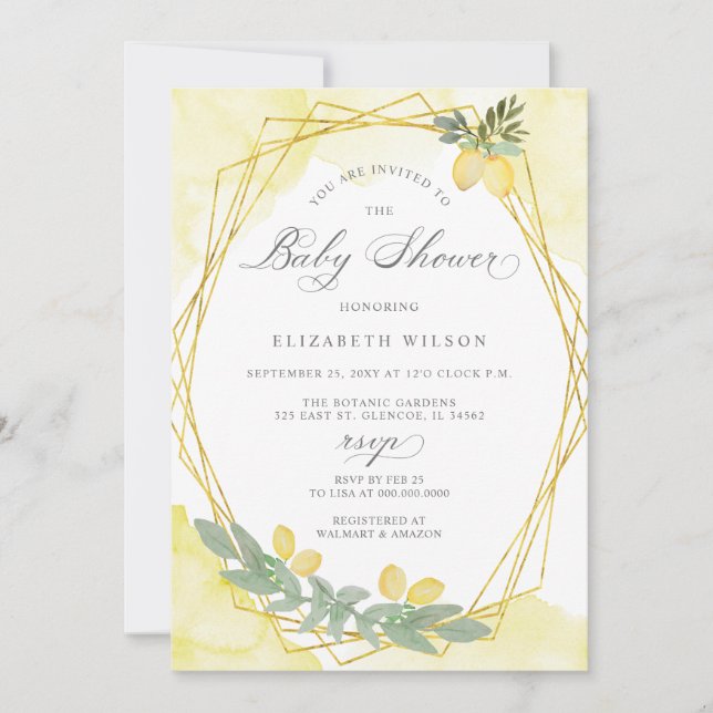 Invitation Boho Script Citron Baby shower d'été (Devant)