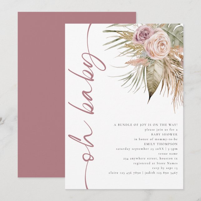 Invitation Boho Script pivoté Pampas Pink Oh Baby shower (Devant / Derrière)