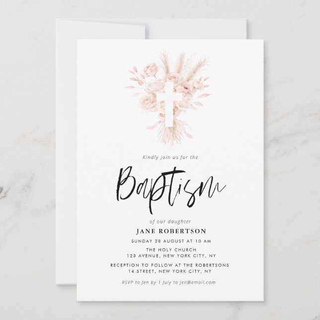 Invitation boho script poussiéreux rose croix florale baptême (Devant)