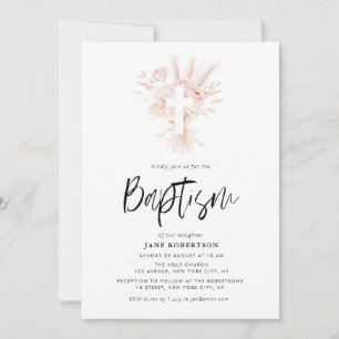 Invitation boho script poussiéreux rose croix florale baptême
