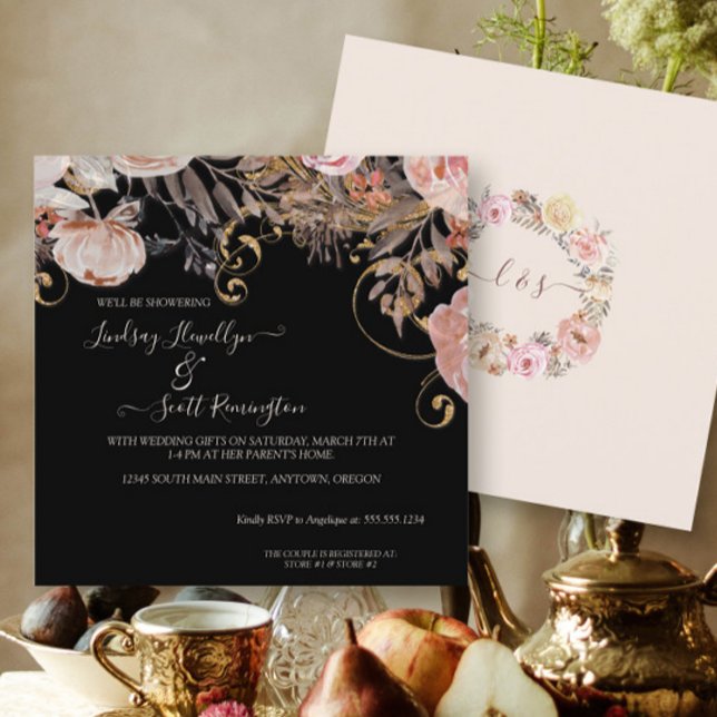 Invitation Boho séché Floral Rose noir Couples Or Douche (Créateur téléchargé)