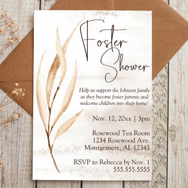 Invitation Boho séché Florals Foster Care Bébé / Douche pour  (Foster Care baby shower invitation with brown script text and boho dried floral elements)