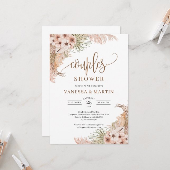 Invitation Boho Séché Palm Feuilles Pampas Couples en Herbe D (Devant/Arrière en situation)