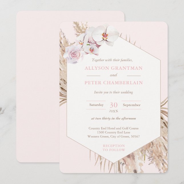 Invitation Boho séché Tropical Palm Feuilles Pampas Mariage (Devant / Derrière)