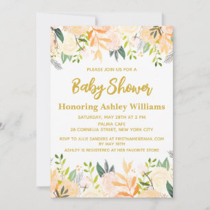Invitation Boho Sexe Baby shower Neutre Blanc Or Floral