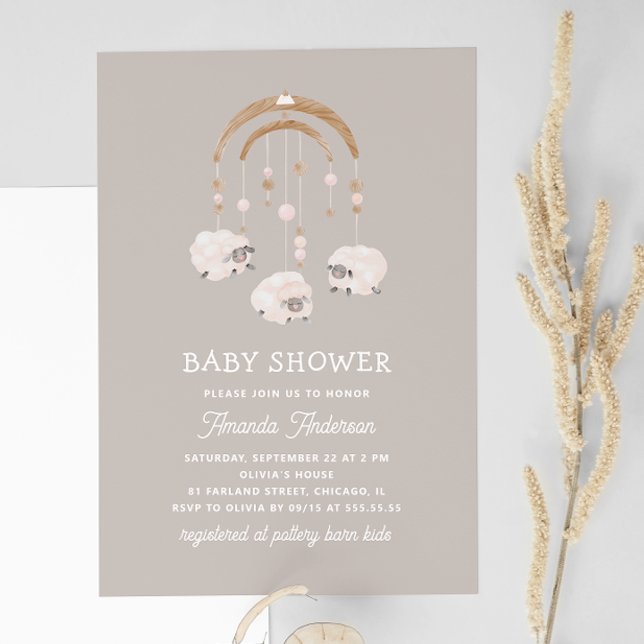 Invitation Boho Sheep Mobile | Baby shower neutre gris chaud (Créateur téléchargé)