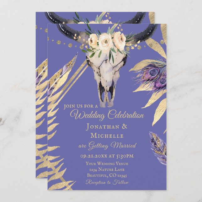Invitation Boho Skull Periwinkket Gold All In One Mariage (Devant / Derrière)