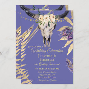 Invitation Boho Skull Periwinkket Gold All In One Mariage
