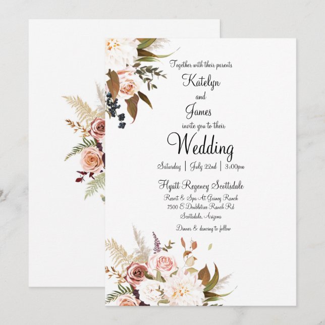 Invitation Boho Soft Coloured Roses & White Flowers Mariage (Devant / Derrière)