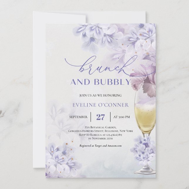 Invitation Boho Soft violet champagne brunch et mousseux (Devant)