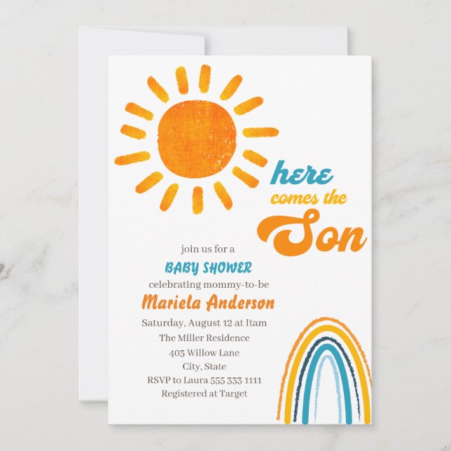 Invitation Boho soleil aquarelle vient ici le fils Baby S (Devant)