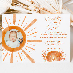 Invitation Boho soleil arc-en-ciel orange 2e anniversaire