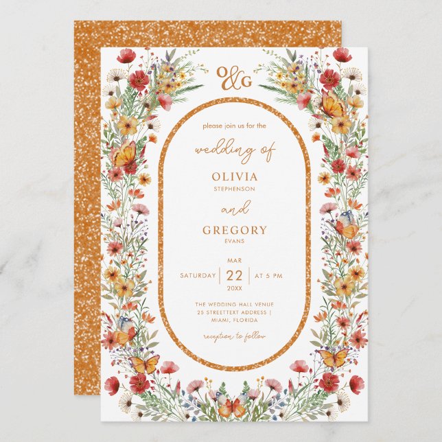 Invitation Boho Spring Aquarelle Fleur sauvage Mariage or (Boho Spring Watercolor Wildflowers Butterflies Gold Fram Monogram Wedding Invitation)
