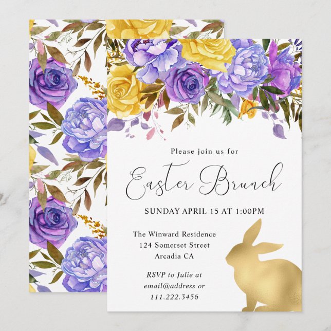 Invitation Boho Spring Flowers and Gold Bunnies Brunch de Pâq (Devant / Derrière)