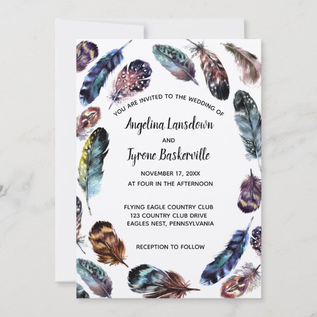 Invitation Boho Style aquarelle plumes mariage personnalisé (Devant)