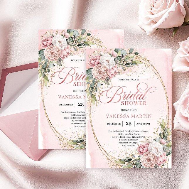 Invitation Boho Stylish Dusty Pink Floral Gold Bridal Shower (Stylish Dusty Pink Floral Gold Bridal Shower)