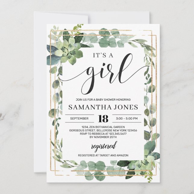Invitation Boho succulent verdure c'est un baby shower fille (Devant)