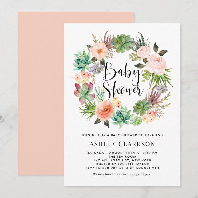 Invitation Boho Succulents Baby shower de couronne de fleurs (Devant / Derrière)