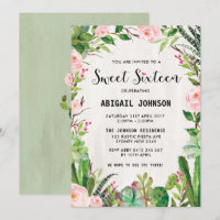 Boho Succulents Sweet sixteen rose Floral Invitati