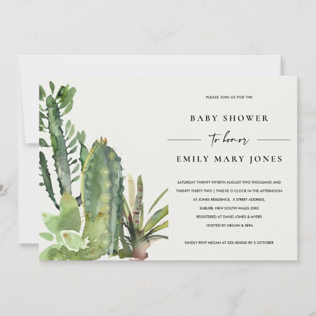 INVITATION BOHO SUCCULT DESERT CACTI FAUNA BABY SHOWER (Devant)
