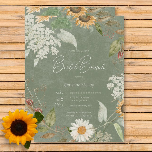 Invitation Boho Summer Sunflower & Daisy Green Bridal Brunch (Boho Summer Sunflower & Daisy Green Bridal Brunch Invitation)