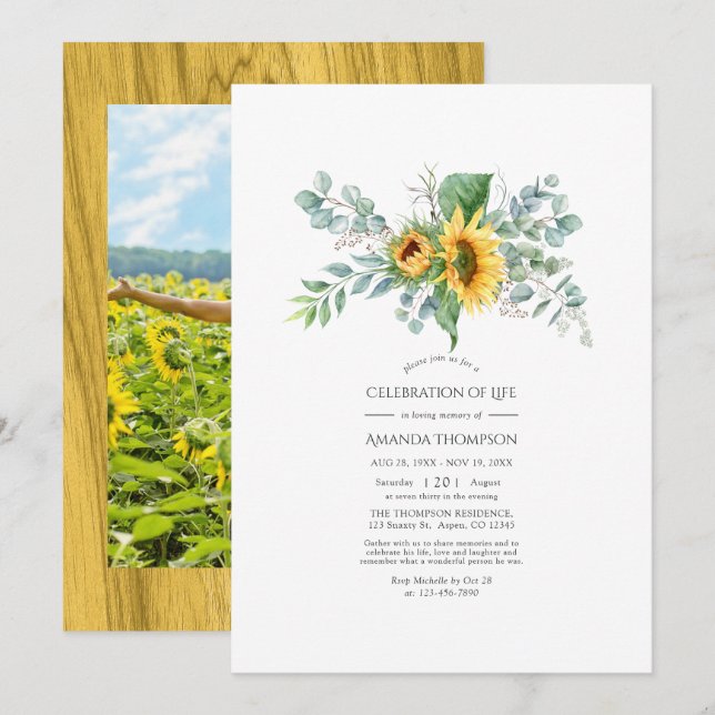 Invitation Boho Sunflower Eucalyptus Célébration de la vie In (Devant / Derrière)