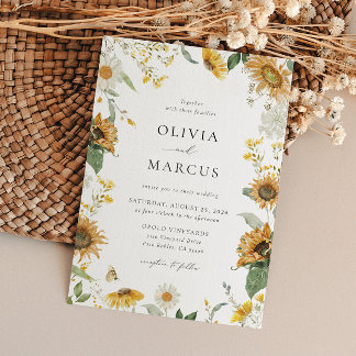 Invitation Boho Sunflower Golden Rays Floral Elégant Mariage