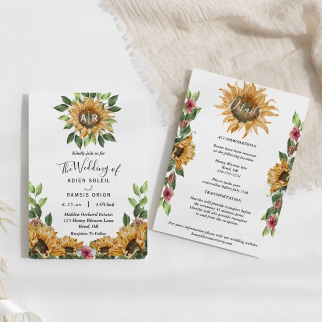 Invitation Boho Sunflower Monogramme Détails du Mariage Tout  (Créateur téléchargé)