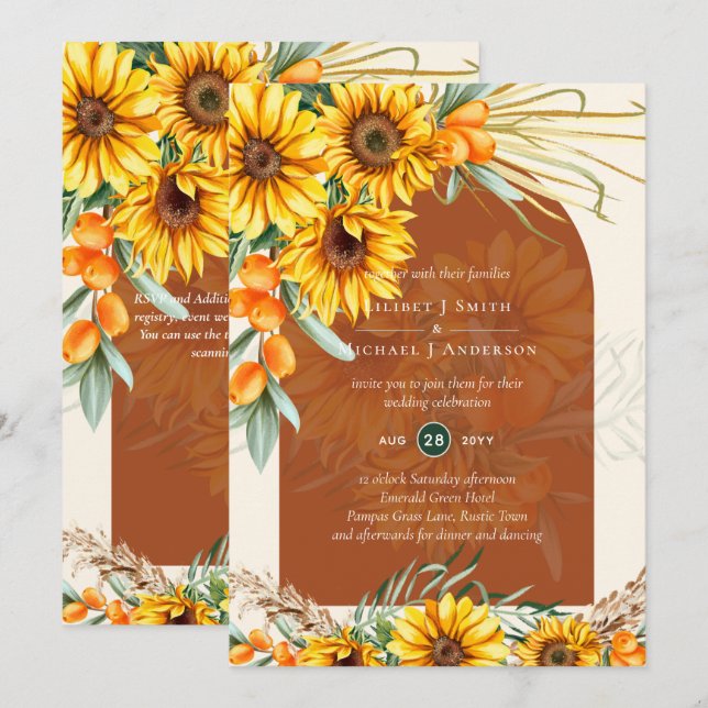 Invitation Boho Sunflowers Terracotta Pampas Mariage en herbe (Devant / Derrière)