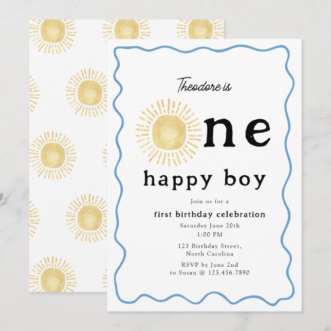 Invitation Boho Sunshine Premier anniversaire Un joyeux garço (Devant / Derrière)