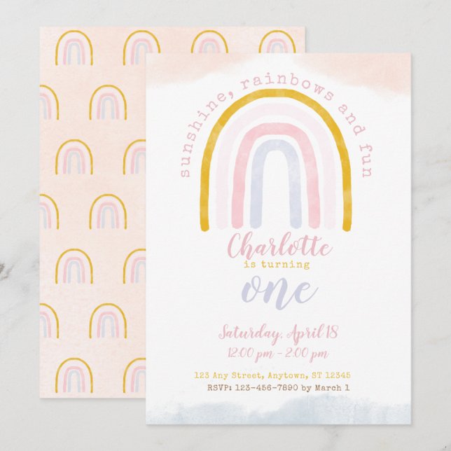 Invitation Boho Sunshine, Rainbows et Fun First Birday (Devant / Derrière)