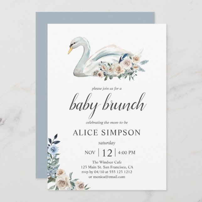 Invitation Boho Swan Dusty Blue Beige Fleurs Baby shower (Devant / Derrière)