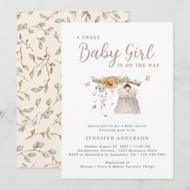 Invitation Boho Sweet Baby Girl Outfit Botanical Baby shower (Devant / Derrière)