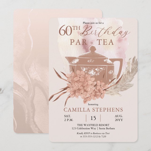 Invitation Boho Teapot Hydrangeas Pampas 60e fête d'anniversa (Devant / Derrière)