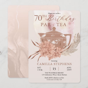 Invitation Boho Teapot Hydrangeas Pampas 70e fête d'anniversa