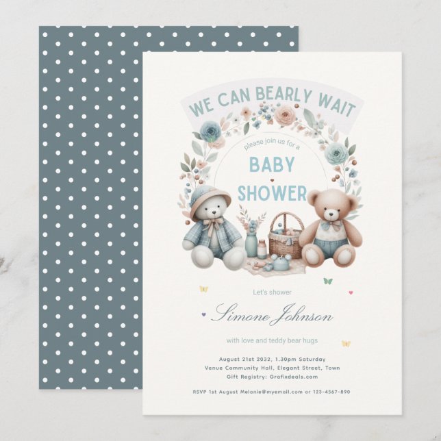 Invitation Boho Teddy Bear Baby shower de pique-nique Garçons (Devant / Derrière)