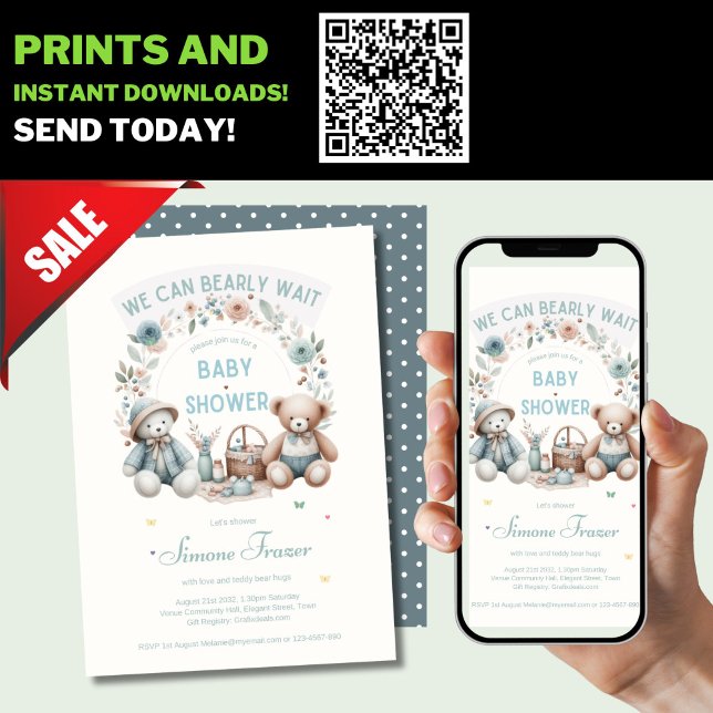 Invitation Boho Teddy Bear Baby shower de pique-nique Garçons (Créateur téléchargé)