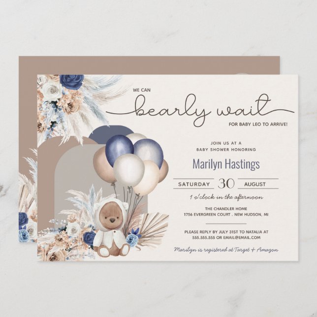 Invitation Boho Teddy Bear & Balloons Bearly Wait Baby shower (Devant / Derrière)