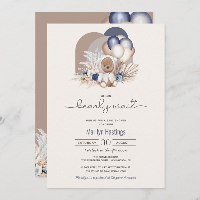 Invitation Boho Teddy Bear & Balloons Bearly Wait Baby shower (Devant / Derrière)