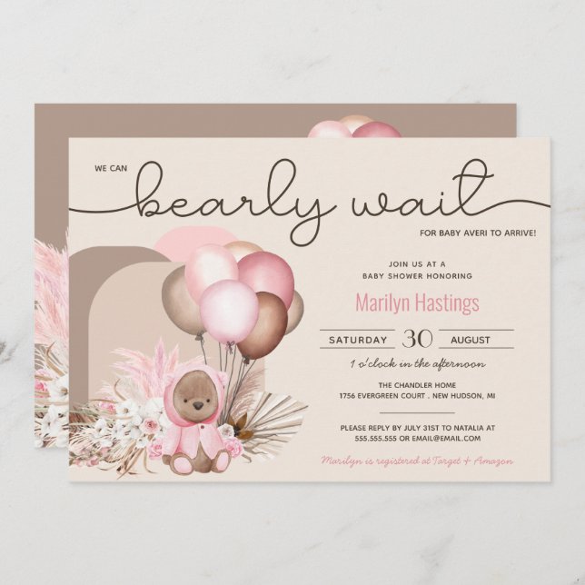 Invitation Boho Teddy Bear & Balloons Bearly Wait Baby shower (Devant / Derrière)
