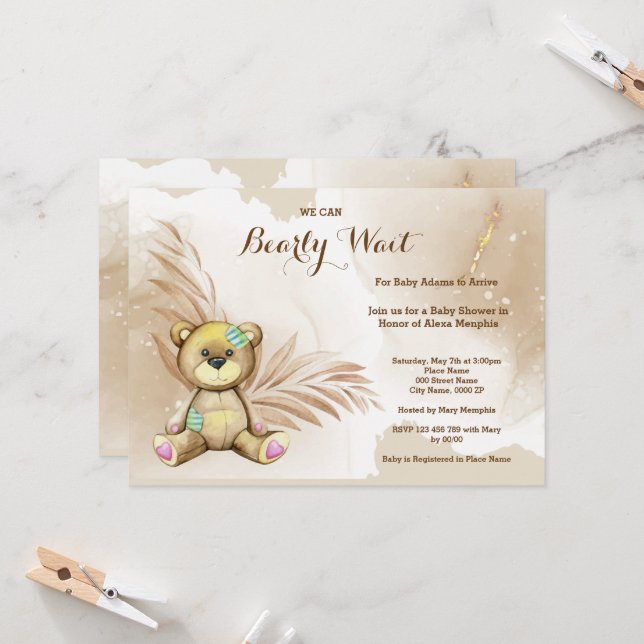 Invitation Boho Teddy Bear Bearly Wait Baby shower (Devant/Arrière en situation)