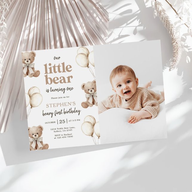 Invitation Boho Teddy Bear Beary First 1st Birthday Photo (Créateur téléchargé)