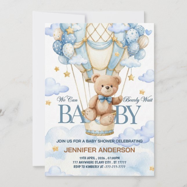 Invitation Boho Teddy Bear Boy Blue Bearly Wait Baby Shower (Devant)