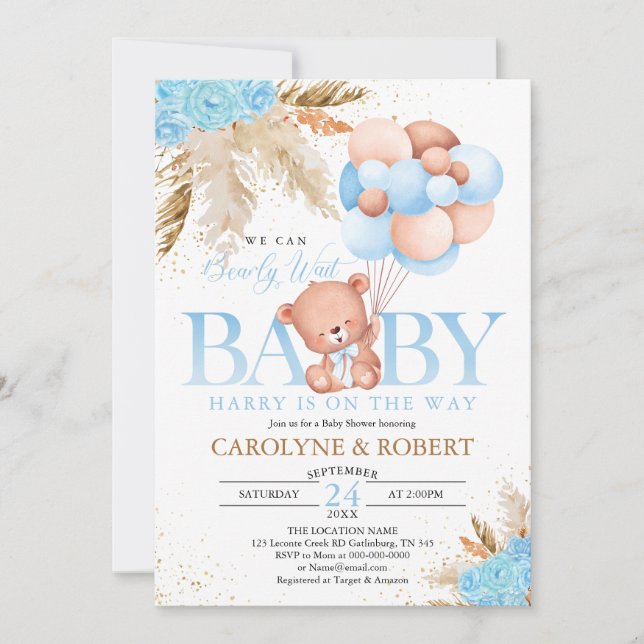 Invitation Boho Teddy Bear Boy Blue Bearly Wait Baby shower (Devant)
