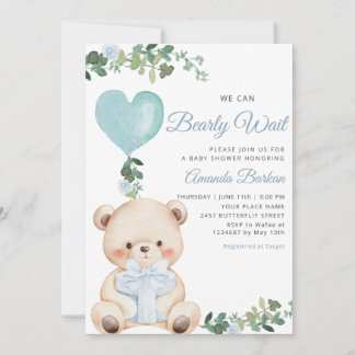 Invitation Boho Teddy Bear Boy Blue Bearly Wait Baby Shower