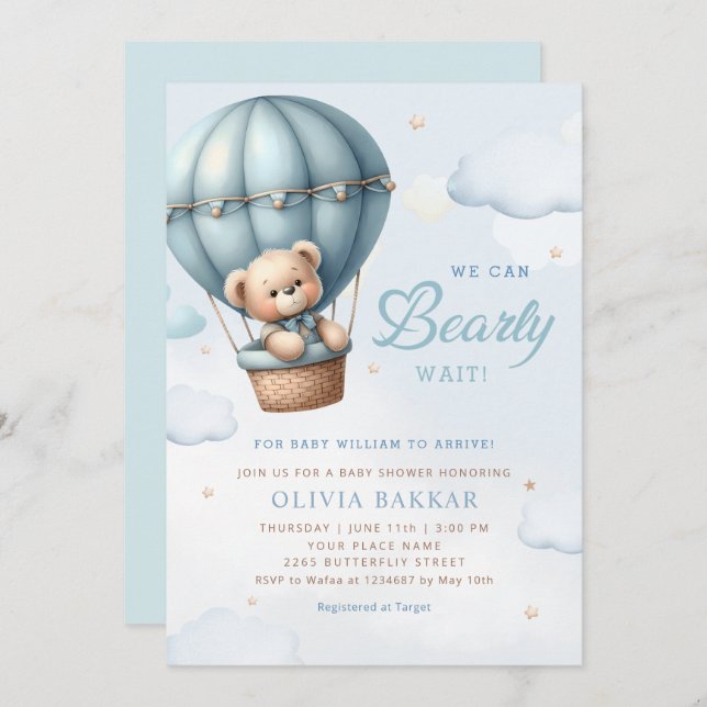 Invitation Boho Teddy Bear Boy Blue Bearly Wait Baby shower (Devant / Derrière)