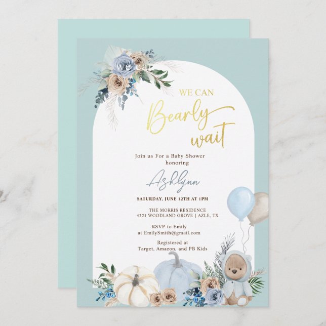 Invitation Boho Teddy Bear Citrouille Boy Bearly Baby shower (Devant / Derrière)