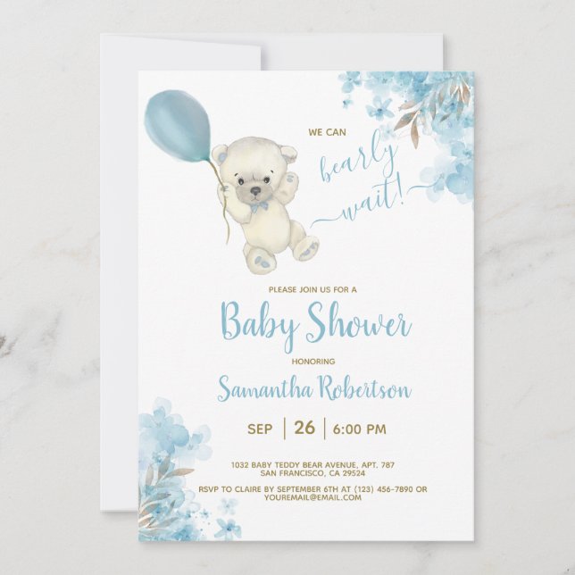Invitation Boho Teddy Bear Dusty Blue Balloon Baby shower gar (Devant)