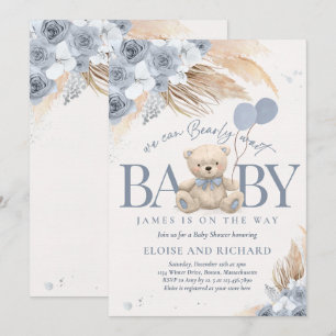 Invitation Boho Teddy Bear Dusty Blue Bearly Wait Baby shower